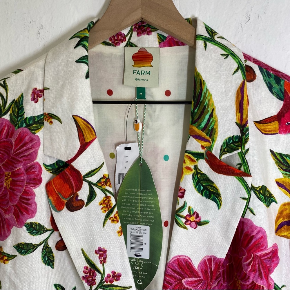 Farm Rio NWT Women’s M Toucan’s Garden Linen Floral Button Down Blazer Long Sl - Picture 3 of 9